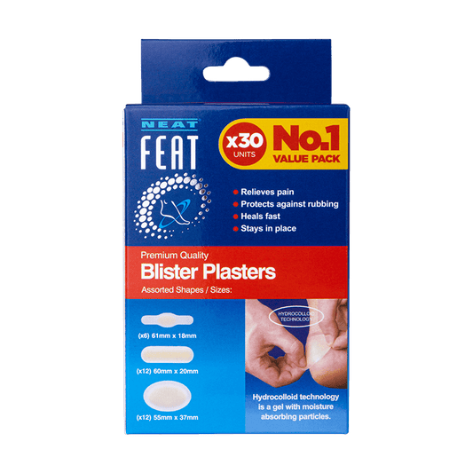 Neat Feat Blister Plasters Value Pack x30 for Pain Relief, featuring a blue box with clear product details and instructions for use.