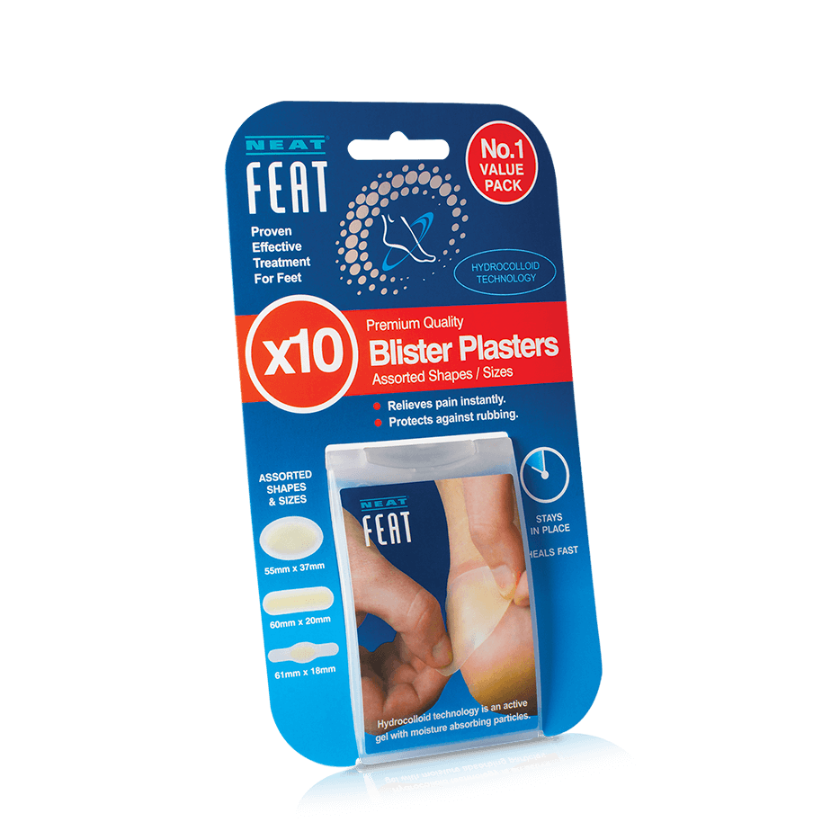 Neat Feat Blister Plasters for pain relief, protection against rubbing, and fast wound healing. The packaging is mostly blue with an image showing the blister plaster applied to a heel, highlighting its protective and healing properties.