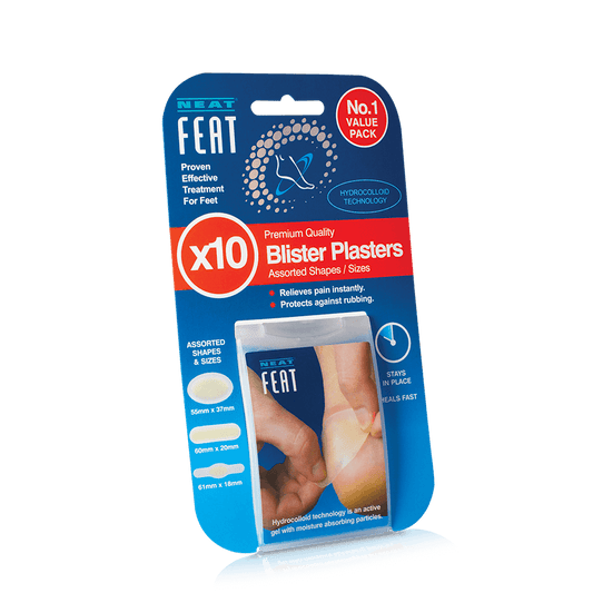 Neat Feat Blister Plasters for pain relief, protection against rubbing, and fast wound healing. The packaging is mostly blue with an image showing the blister plaster applied to a heel, highlighting its protective and healing properties.