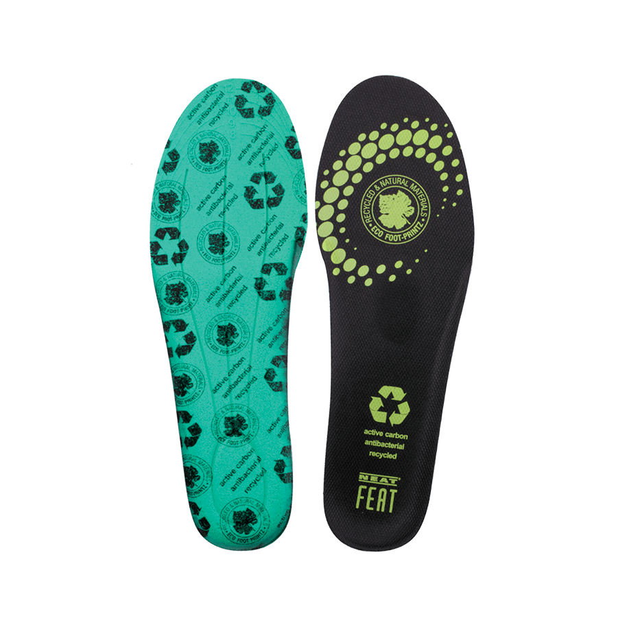 Neat Feat Eco Foot Printz Insoles, side by side. One insole is flipped to show its green underside, while the other features black with green artwork and logos on the front.