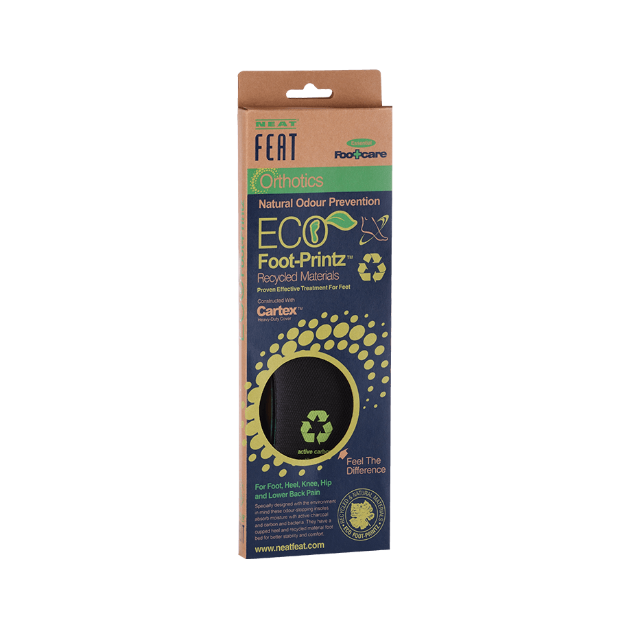 Neat Feat Eco Foot Printz Insoles, inside their mostly brown and blue packaging with a clear hole displaying the black insoles. The packaging highlights the eco-friendly design and comfort of the insoles.