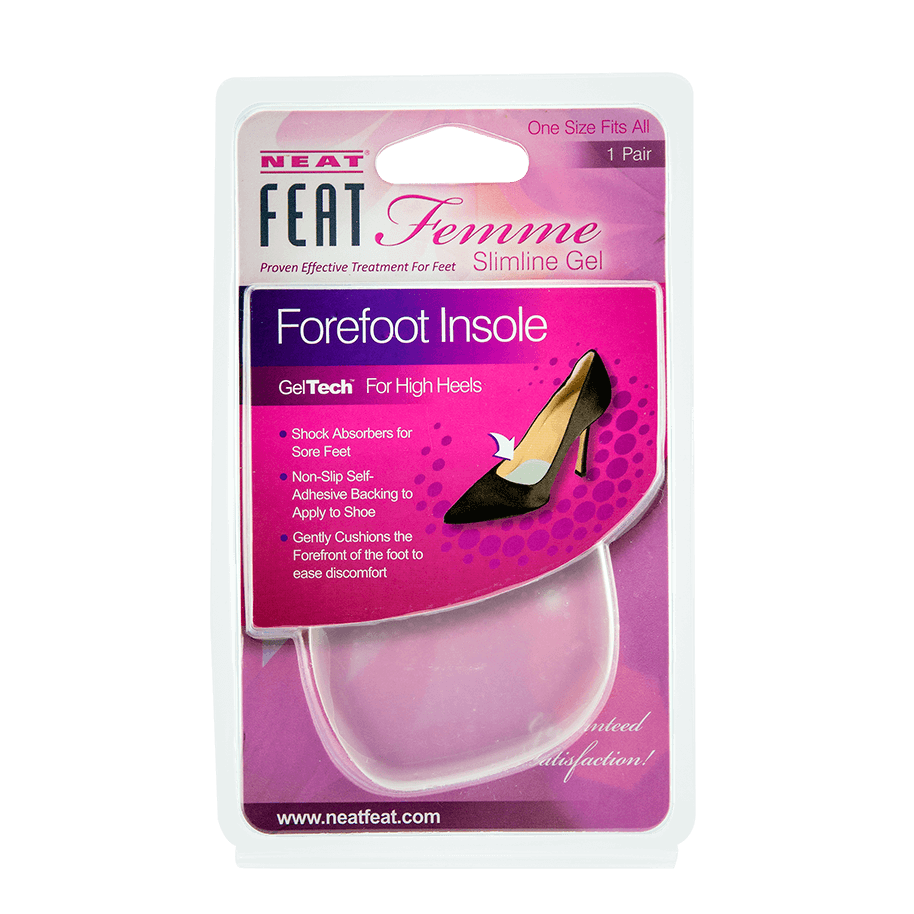 Neat Feat Femme Gel Forefoot Insole, in mostly pink packaging with mostly white text, featuring a clear plastic cover that exposes the white, semi-translucent gel insoles inside. The front includes an image of a shoe showing where to place the insoles for forefoot protection and comfort.