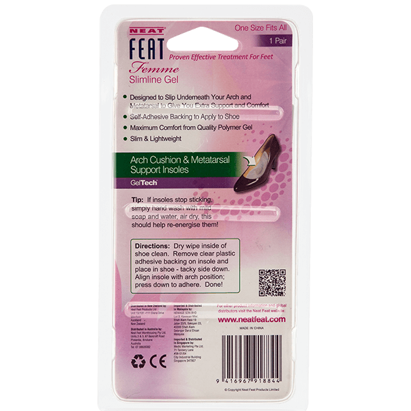 Back of the Neat Feat Femme Slimline Gel Arch Cushion & Metatarsal Insole packaging, mostly pink with mostly black text, displaying product details, usage instructions, and benefits for arch and metatarsal support.