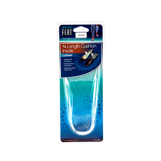 Front of the Neat Feat Gel 3/4 Length Cushion Insole packaging, mostly blue with a clear plastic cover showing the gel insoles inside. The front features an image demonstrating how to place the insoles in shoes for shock absorption and support to the heel and arch.