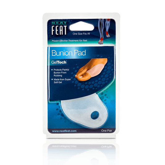 Front of the Neat Feat Gel Bunion Pad packaging, mostly blue with a clear plastic cover showing the white gel bunion pad inside. The front features an image demonstrating how to wear the product for protection and comfort.