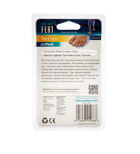Back of the Neat Feat Gel-Lined Toe Cap for Toe Protection packaging, mostly white with mostly black text displaying product details, directions, and ingredients.