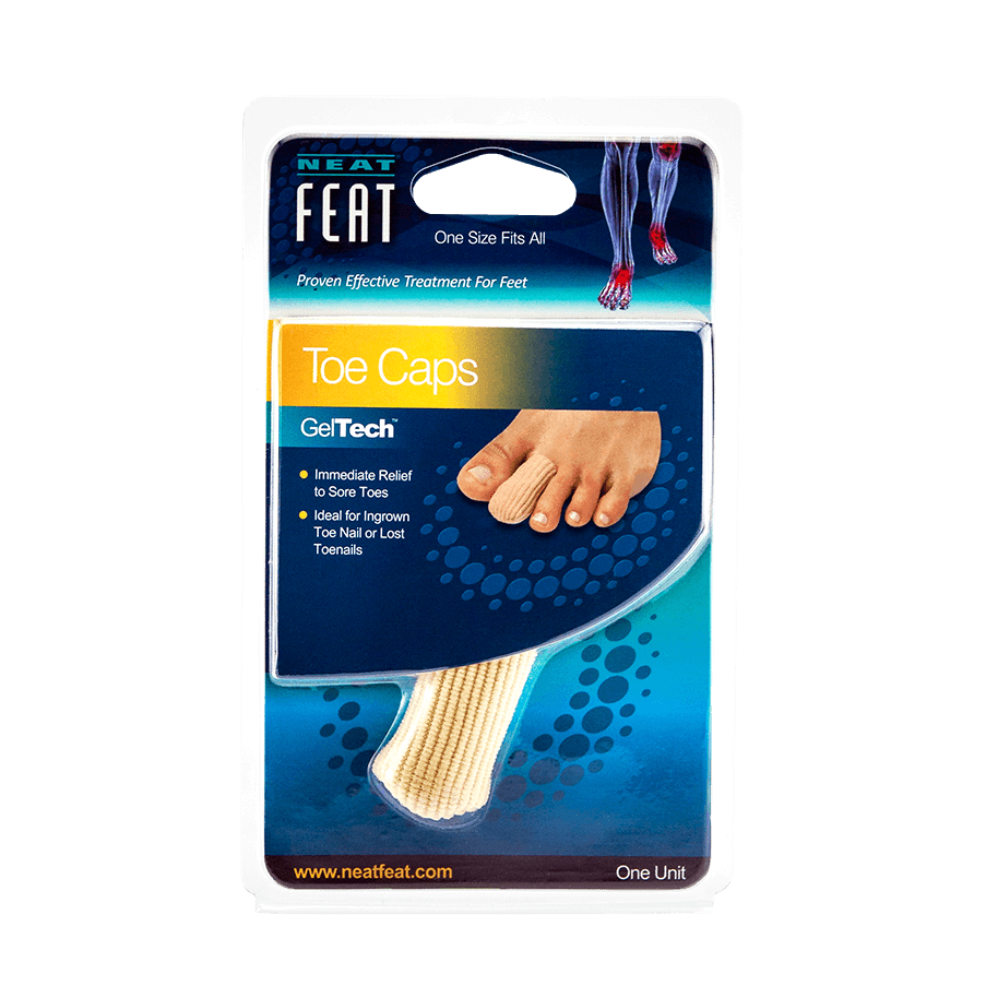 Neat Feat Gel-Lined Toe Cap for Toe Protection, featuring blue packaging with an example of the product fitted onto a foot.
