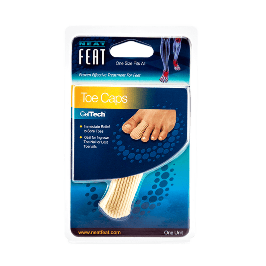 Neat Feat Gel-Lined Toe Cap for Toe Protection, featuring blue packaging with an example of the product fitted onto a foot.