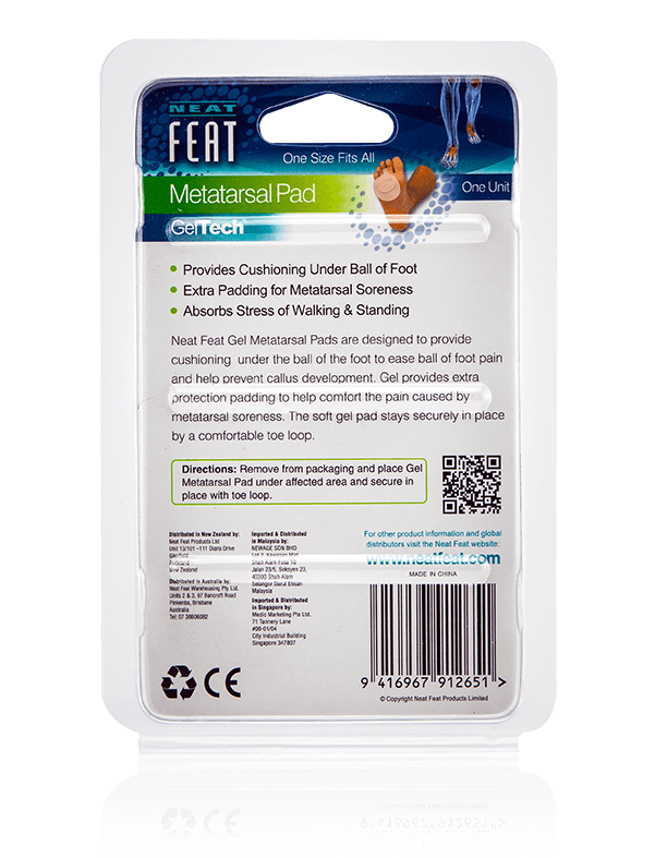 Back of the Neat Feat Gel Metatarsal Pad packaging, mostly white with black text detailing product information, usage instructions, and benefits.