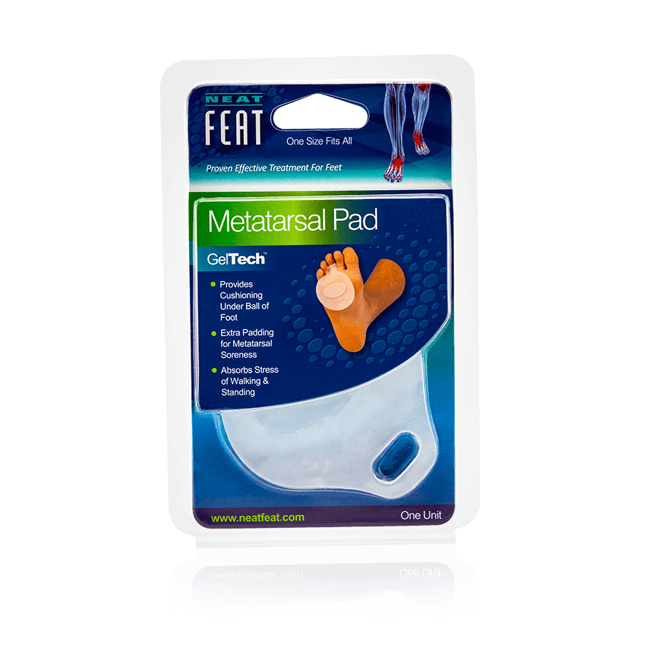 Neat Feat Gel Metatarsal Pad for Front Foot Pain Prevention, in mostly blue packaging with a clear plastic cover showing the white gel pad inside. The front features an image of a foot demonstrating how to wear the product.