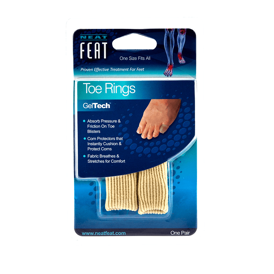 Neat Feat Gel Toe Ring Padding and Protection for Corns, in mostly blue packaging with a clear plastic cover showing the beige toe rings inside. The front features an image of a foot demonstrating how to wear the product.