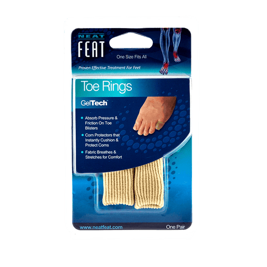 Neat Feat Gel Toe Ring Padding and Protection for Corns, in mostly blue packaging with a clear plastic cover showing the beige toe rings inside. The front features an image of a foot demonstrating how to wear the product.