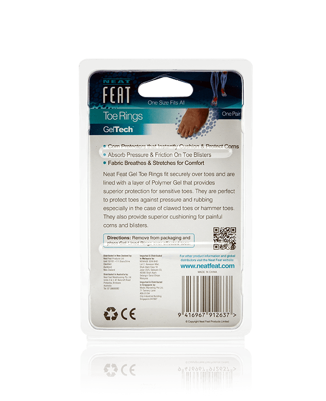 Back of the Neat Feat Gel Toe Ring Padding and Protection packaging, mostly white with black text detailing product information, usage instructions, and benefits.