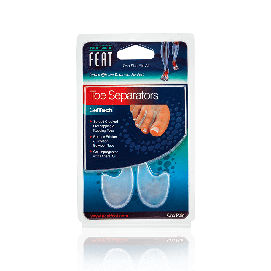 Neat Feat Gel Toe Separators, in blue packaging wrapped in plastic, allowing a clear view of the toe separators. The front of the packaging shows an example of the toe separator in use.