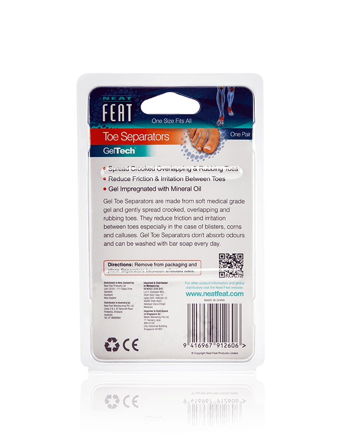 Back of the Neat Feat Gel Toe Separators packaging, mostly white with mostly black text displaying product details and directions.
