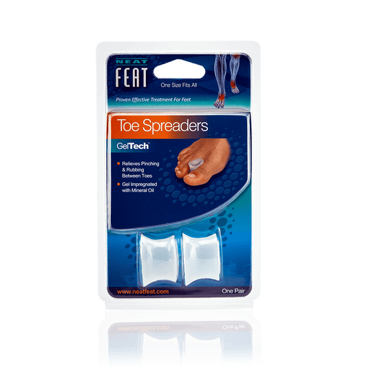 Neat Feat Gel Toe Spreaders, in blue packaging wrapped in plastic, allowing a clear view of the toe spreaders. The front of the packaging shows an example of the toe spreader in use.