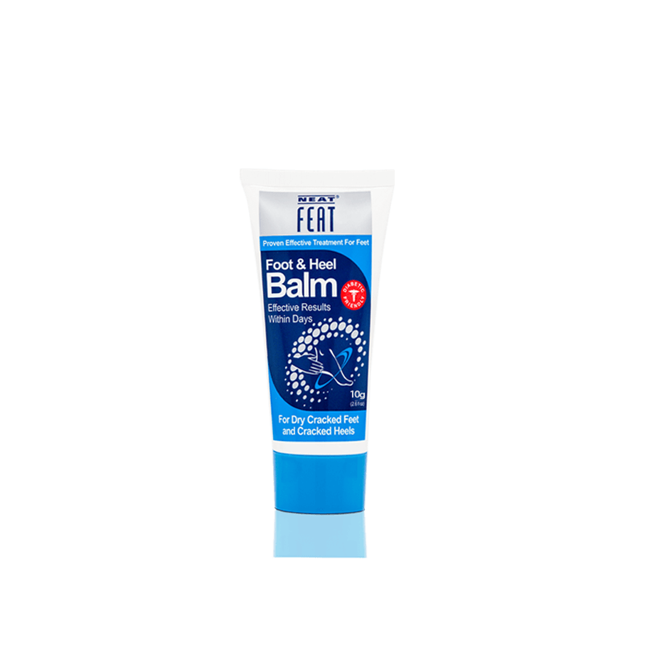Neat Feat Foot & Heel Balm 10g tube with a blue lid, featuring a simple design with a blue label and white tube.