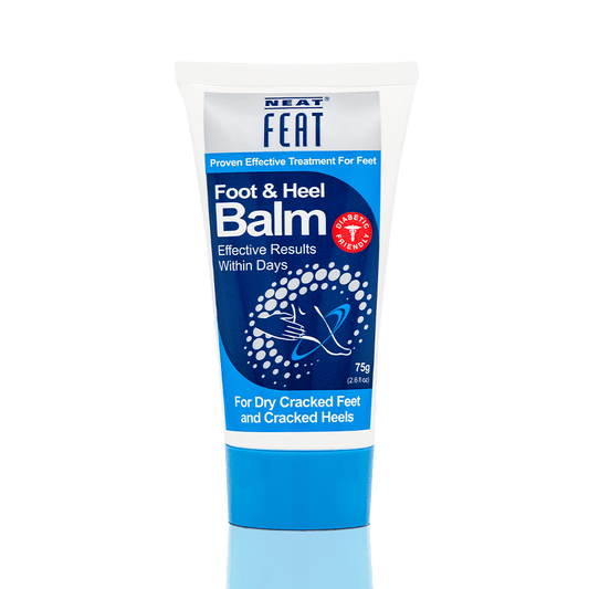 Neat Feat Foot & Heel Balm 75g tube with a blue lid, featuring a simple design with a blue label and white tube.