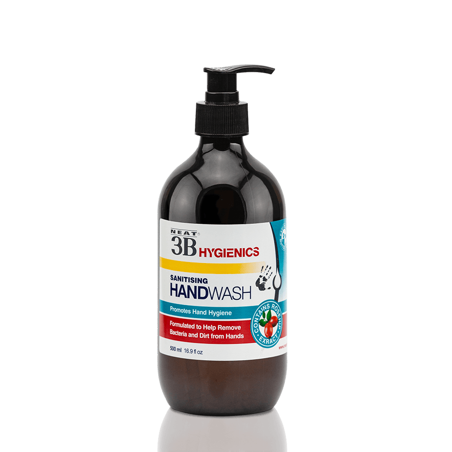 Neat Feat Hygienics Sanitising Handwash, front-on in a dark brown bottle with a black cap, featuring a white label with blue and red accents.