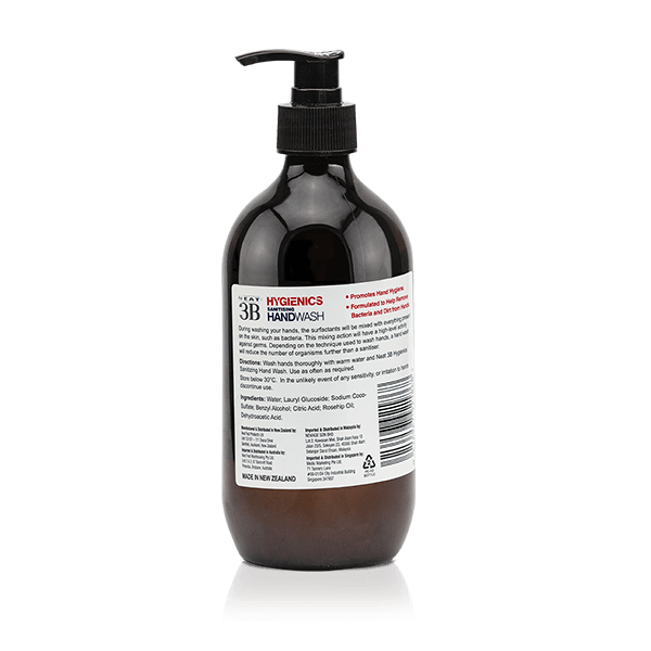 Back of the Neat Feat Hygienics Sanitising Handwash bottle, featuring a white label with black text displaying product details and instructions.