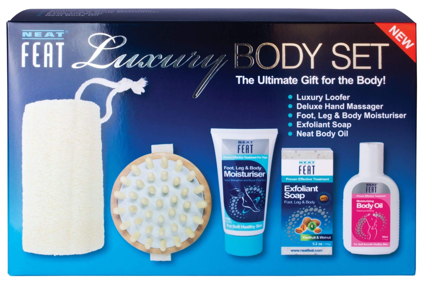 Neat Feat Luxury Body Set box, shown front-on, featuring a blue design with visible details of the products inside.