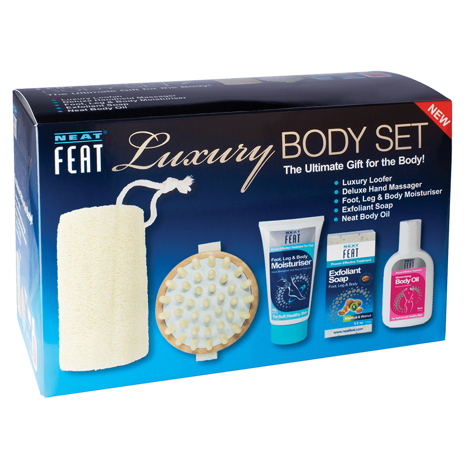 Neat Feat Luxury Body Set box, shown front-on and slightly turned, featuring a blue design with visible details of the products inside.