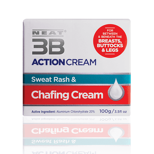 Neat 3B Action Cream 100g box for chafing, mostly white with red and duck blue accents, featuring product branding and information.