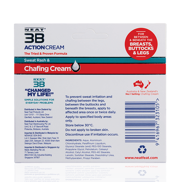 Back of the Neat 3B Action Cream 75g box for chafing, mostly white with red and duck blue accents, displaying product details, directions, and ingredients.