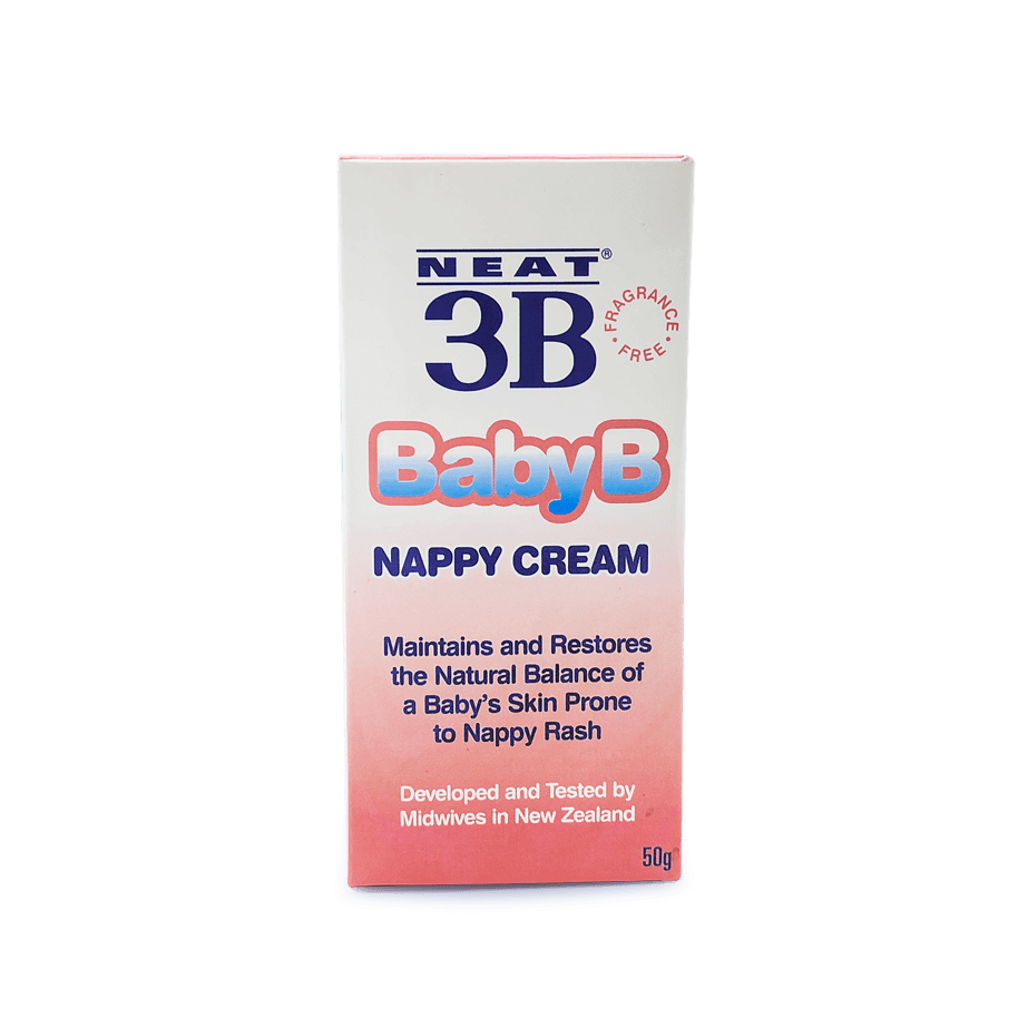 NEAT 3B BABY B Nappy Cream box, pink and white with mostly blue text, featuring product branding and information.