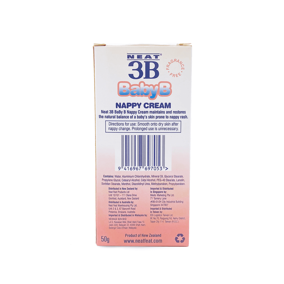 Back of the NEAT 3B BABY B Nappy Cream box, pink and white with mostly blue text, displaying product details, directions, and ingredients.