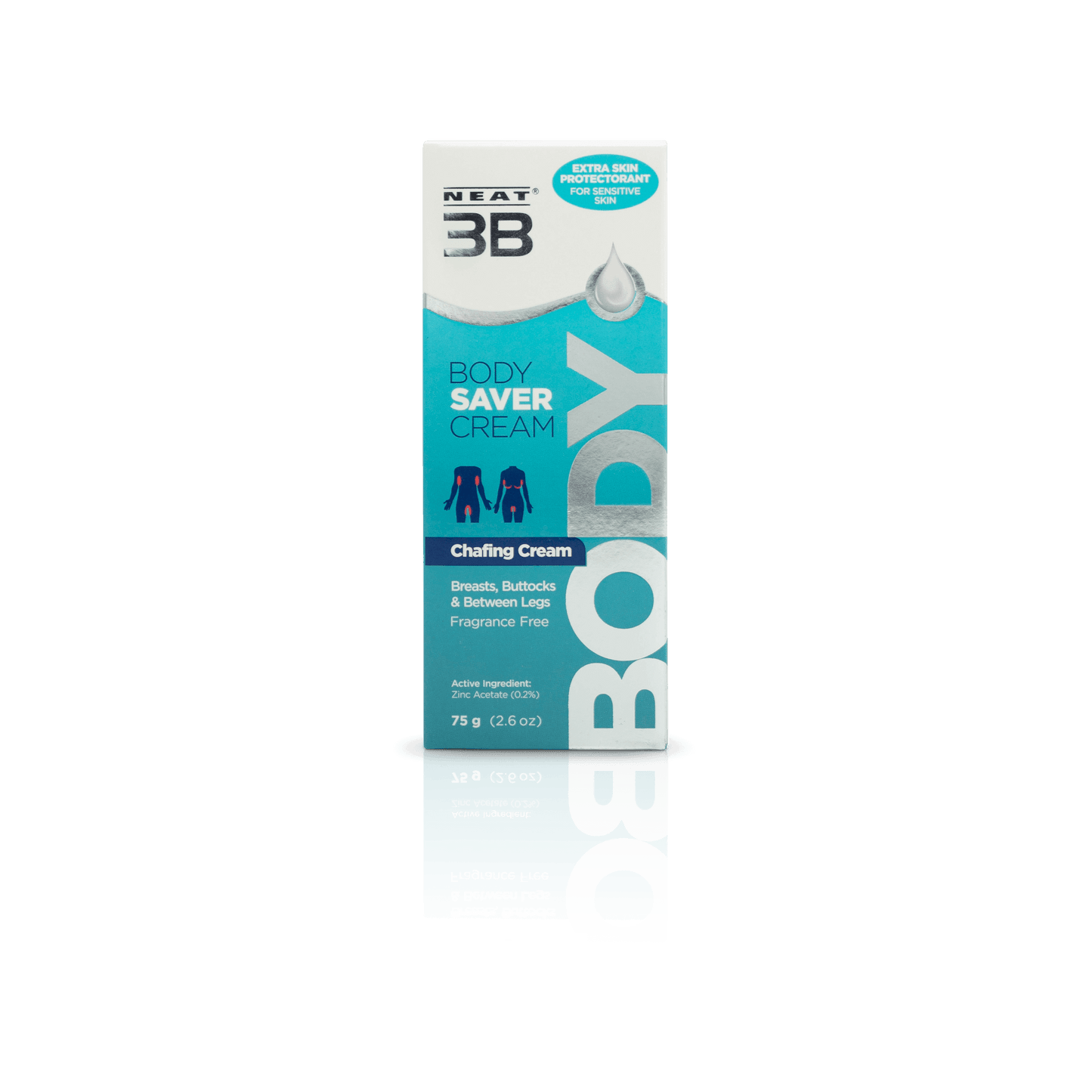 Box of Neat 3B Body Saver to Stop Body Rashes and Chafing, in a mostly duck blue colour. The packaging highlights its effectiveness in preventing rashes and chafing, with clear product information and a simple, easy-to-read design.
