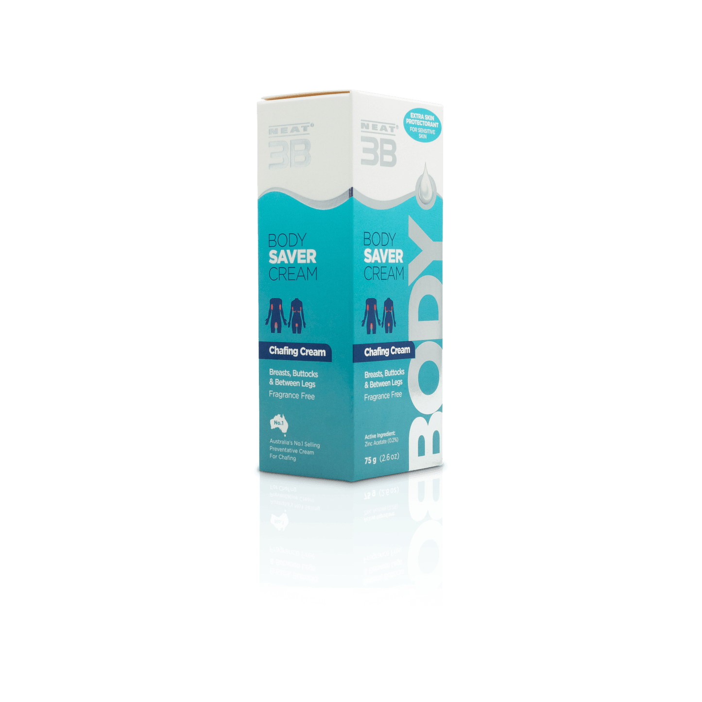 Box of Neat 3B Body Saver to Stop Body Rashes and Chafing, in a mostly duck blue colour. The packaging highlights its effectiveness in preventing rashes and chafing, with clear product information and a simple, easy-to-read design.