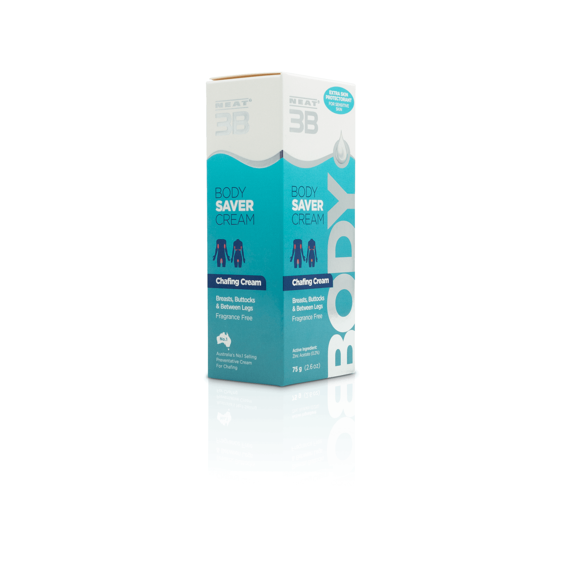 Box of Neat 3B Body Saver to Stop Body Rashes and Chafing, in a mostly duck blue colour. The packaging highlights its effectiveness in preventing rashes and chafing, with clear product information and a simple, easy-to-read design.