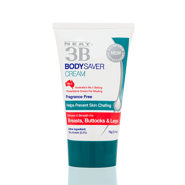 Neat 3B Body Saver to Stop Body Rashes and Chafing, in a compact tube. The design highlights its effectiveness in preventing rashes and chafing, with clear product details and a simple, clean layout.