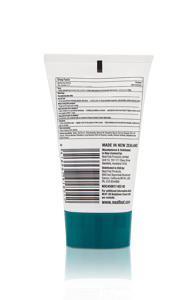 Back of the Neat 3B Body Saver tube, featuring product information, usage instructions, safety details, a barcode, and 'Made in New Zealand' label. The design is clear, with easy-to-read text and a simple layout