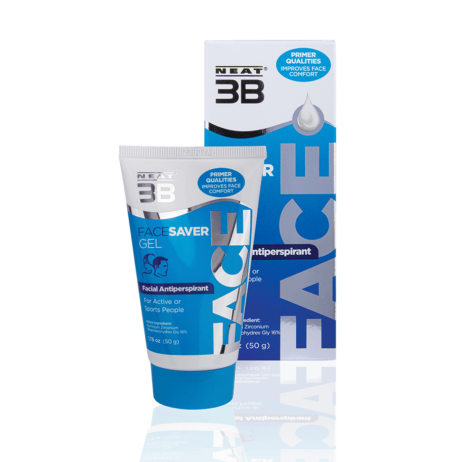 Neat 3B Face Saver Gel for facial sweating, shown in the box and tube. The packaging highlights its effectiveness in controlling facial sweating, with clear product information and a clean, easy-to-read design.