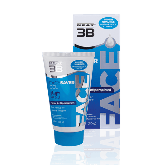 Neat 3B Face Saver Gel for facial sweating, shown in the box and tube. The packaging highlights its effectiveness in controlling facial sweating, with clear product information and a clean, easy-to-read design.