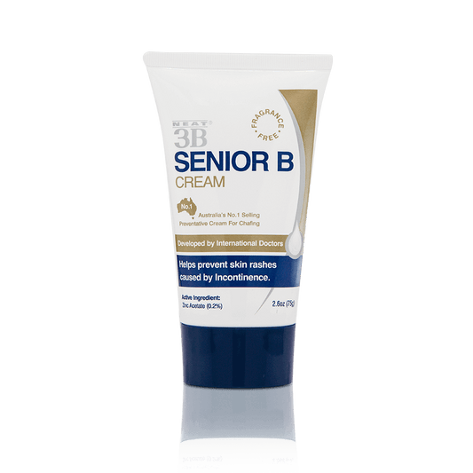 Neat 3B Senior B For Rash Prevention, in a white tube with a navy blue lid. The packaging clearly displays product details, focusing on its rash prevention benefits, with a clean and simple design.