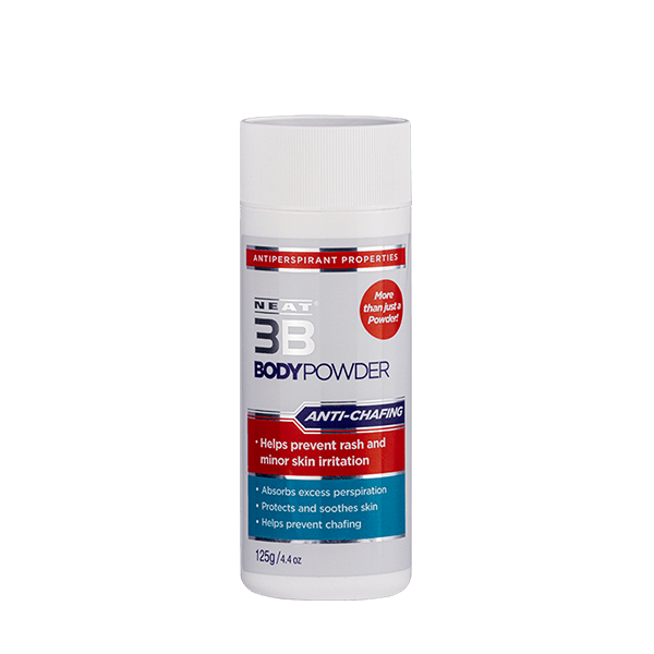 Neat Feat 3B Body Powder tube, white with a red, blue, and silver label featuring the product branding.