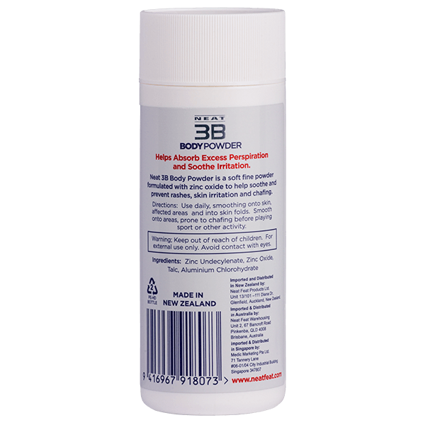 Back of the Neat Feat 3B Body Powder tube, white with a white label and blue/red text displaying product details and instructions.