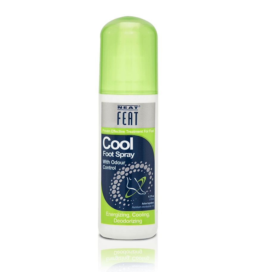 Neat Feat Cool Foot Spray bottle, white with a green lid, featuring a silver, green, and blue label with white text.
