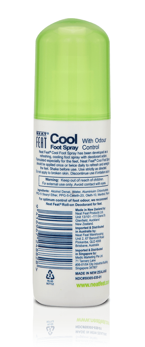 Back of the Neat Feat Cool Foot Spray bottle, white with a green lid, featuring blue text with product details and instructions.