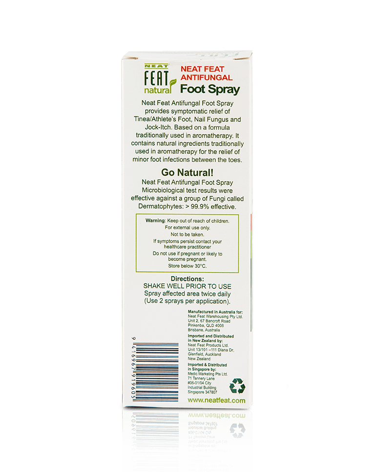 Back of the Neat Feat Natural Antibacterial Foot Spray for Nail Fungus and Athlete's Foot box, predominantly white and green with red accents, displaying product details, directions, and ingredients.