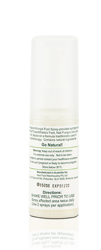 Back of the Neat Feat Natural Antifungal Foot Spray for Nail Fungus and Athlete's Foot tube, clear with a green and white label displaying product details, directions, and ingredients.