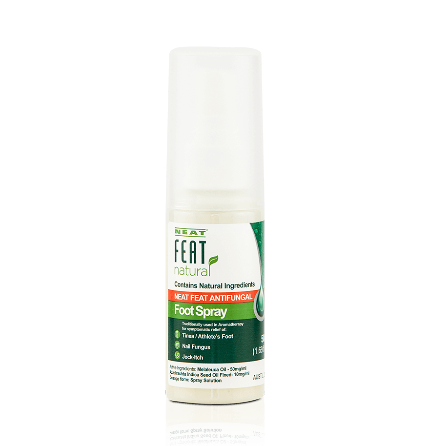 Neat Feat Natural Antifungal Foot Spray for Nail Fungus and Athlete's Foot tube, featuring a mostly green and white label with the product name and branding.