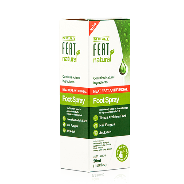 Neat Feat Natural Antifungal Foot Spray for Nail Fungus and Athlete's Foot box, shown front-on with the product slightly turned, highlighting the white, green, and red design.