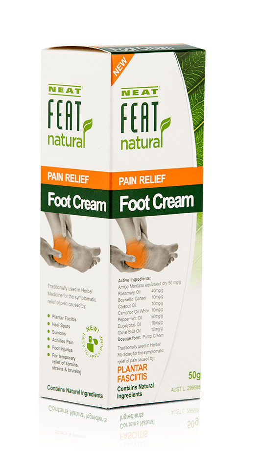 Side view of the Neat Feat Natural Pain Relief Foot Cream box, mostly white with green text and branding visible along the edge.
