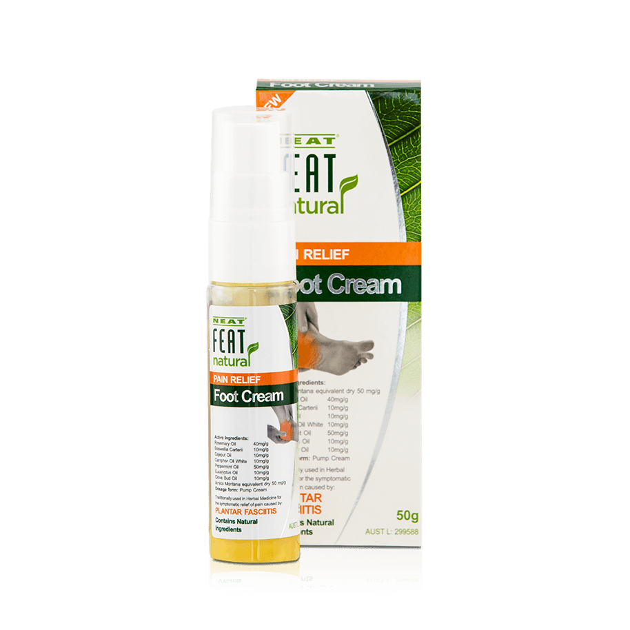 Neat Feat Natural Pain Relief Foot Cream, featuring a mostly white box with a clear tube in front, white label, and white cap.