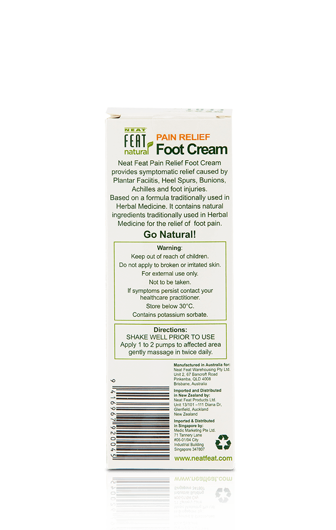 Neat Feat Natural Pain Relief Foot Cream box, mostly white with green text detailing product information, directions, and ingredients.