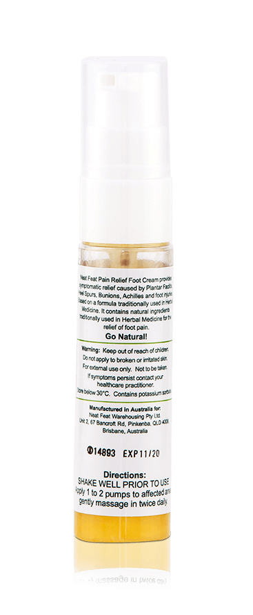 Back of the Neat Feat Natural Pain Relief Foot Cream tube, clear with white label and text displaying product details and directions.